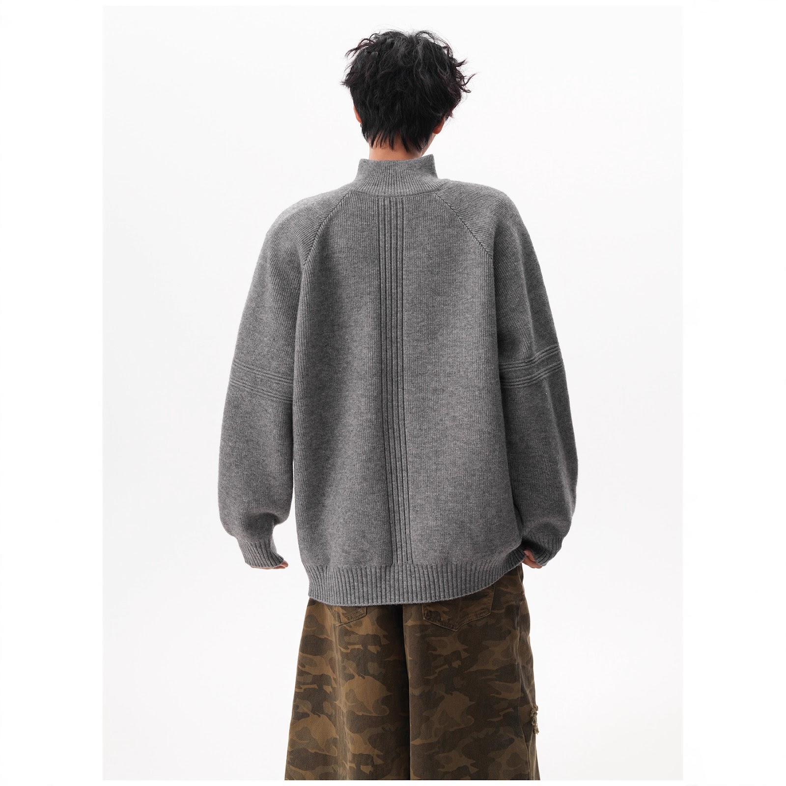 Unisex Knitted Sweater with Stand-up Collar and Zipper