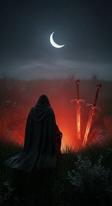 Dark Cloaked Figure Kneeling with Swords at the Edge of a Red Glowing Abyss at Night