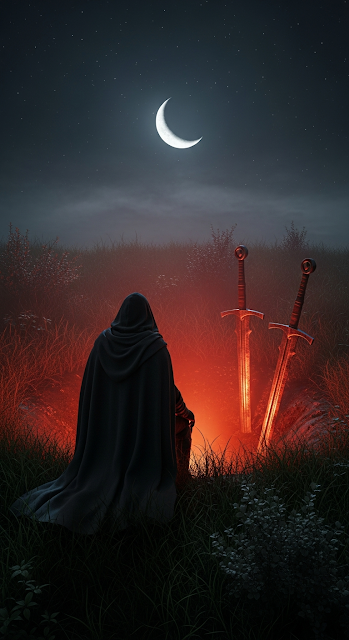 Dark Cloaked Figure Kneeling with Swords at the Edge of a Red Glowing Abyss at Night - Free mobile Wallpaper