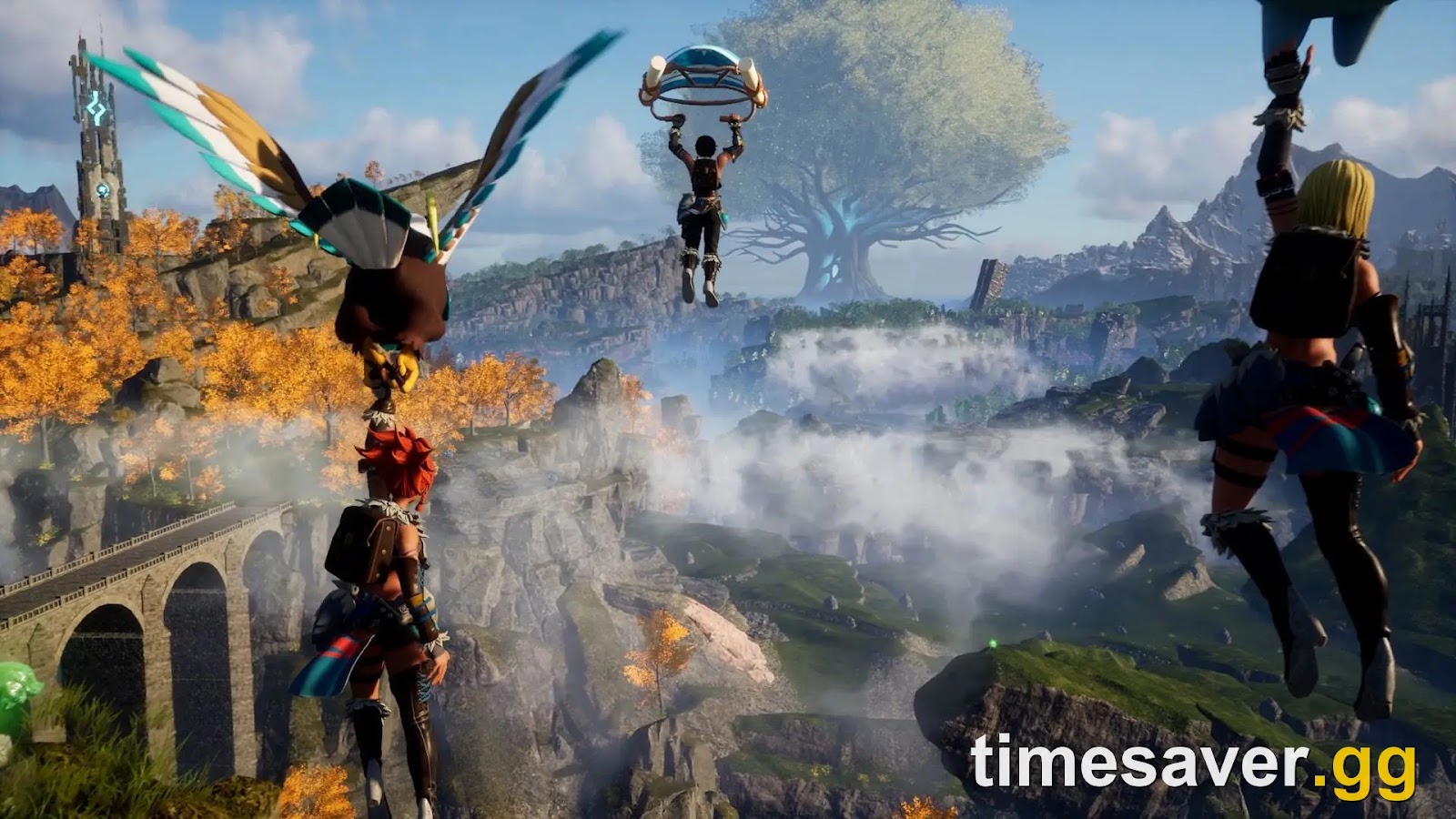 Palworld 1.0 scenery — gliding over Palpagos toward the World Tree