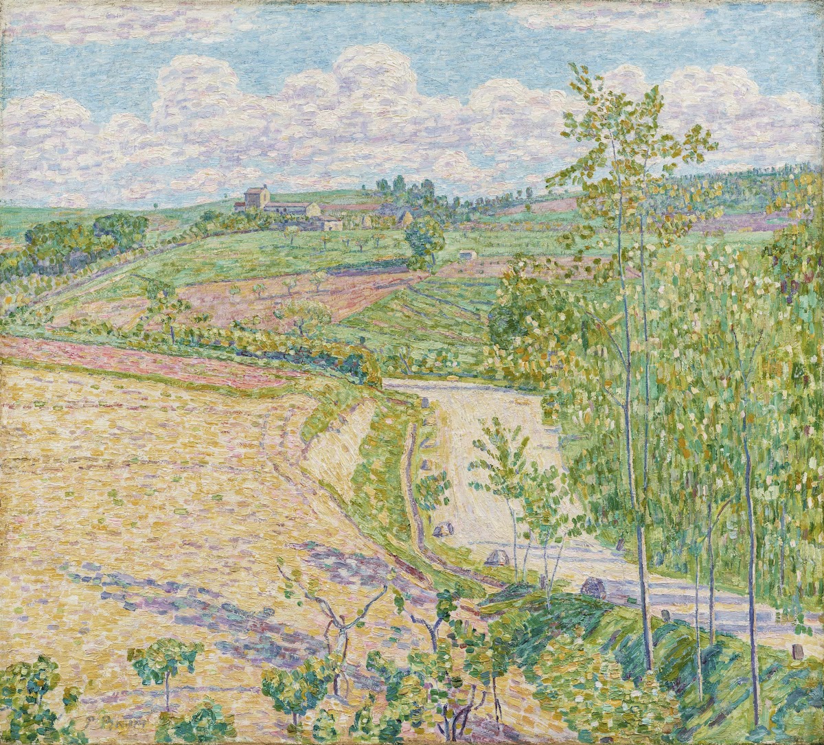 Straße an Feldern in Frühlingssonne zu toskanischem Gutshof auf einem Hügel 1912