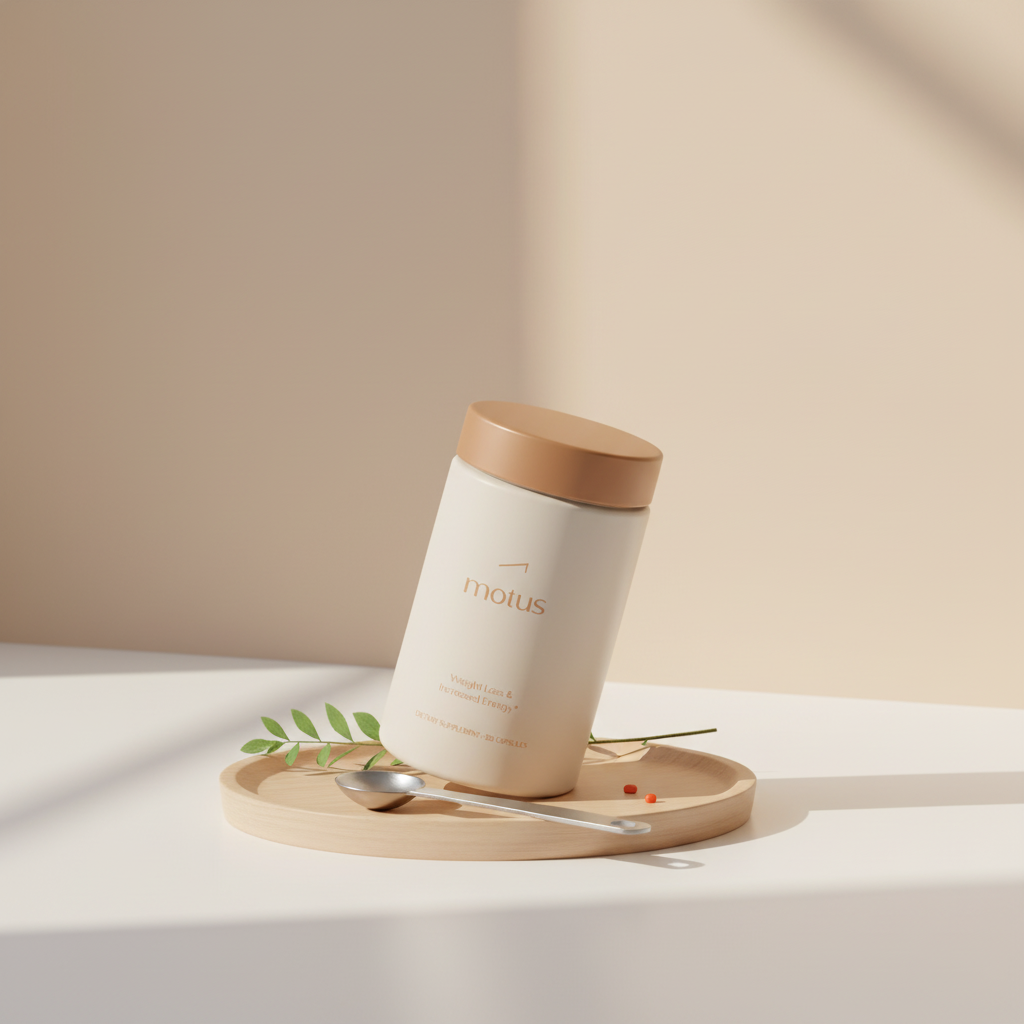 Minimalist Tonum product photo: Motus jar on a wooden tray with measuring spoon and greenery, clean tabletop and #F2E5D5 background, clinical-warm routine feel — cla supplement.