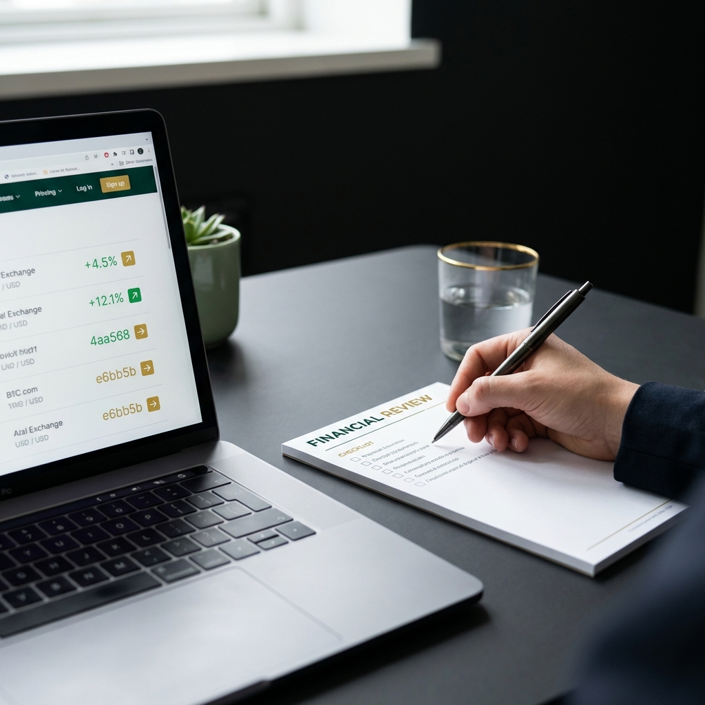 Close up of a financial professional writing a checklist next to a laptop showing an exchange listing page in a minimalist workspace demonstrating how to start an etf