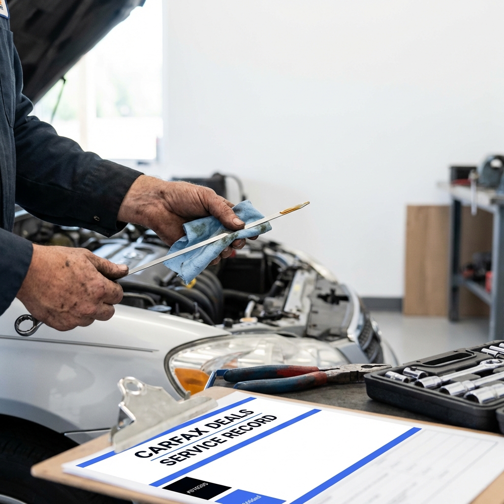Hands inspecting engine bay of mid 2000s sedan with tools clean dipstick and clipboard service sticker in accent 3666ed indicating reliable used car under $5000