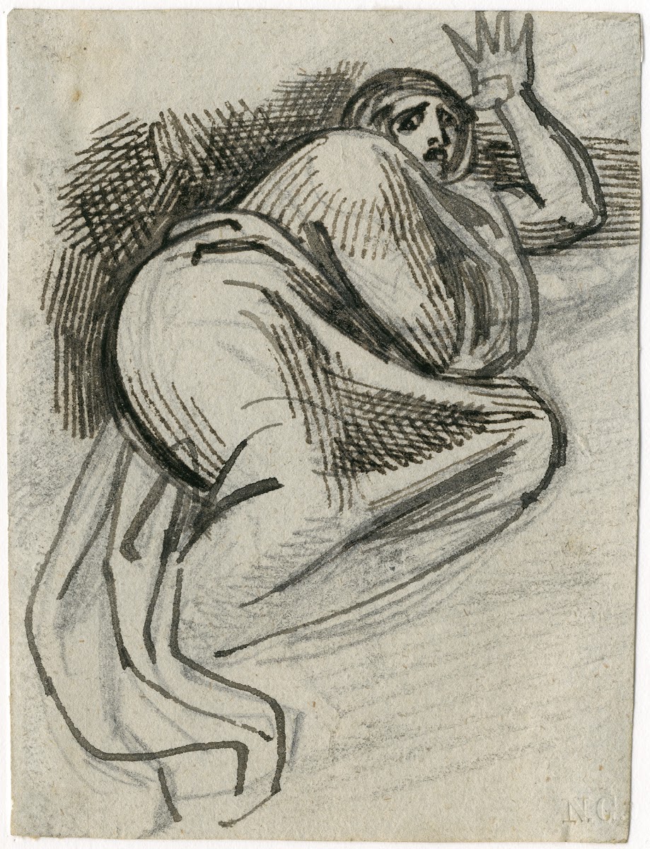 Liggende vrouw in mantel of deken met opgeheven hand