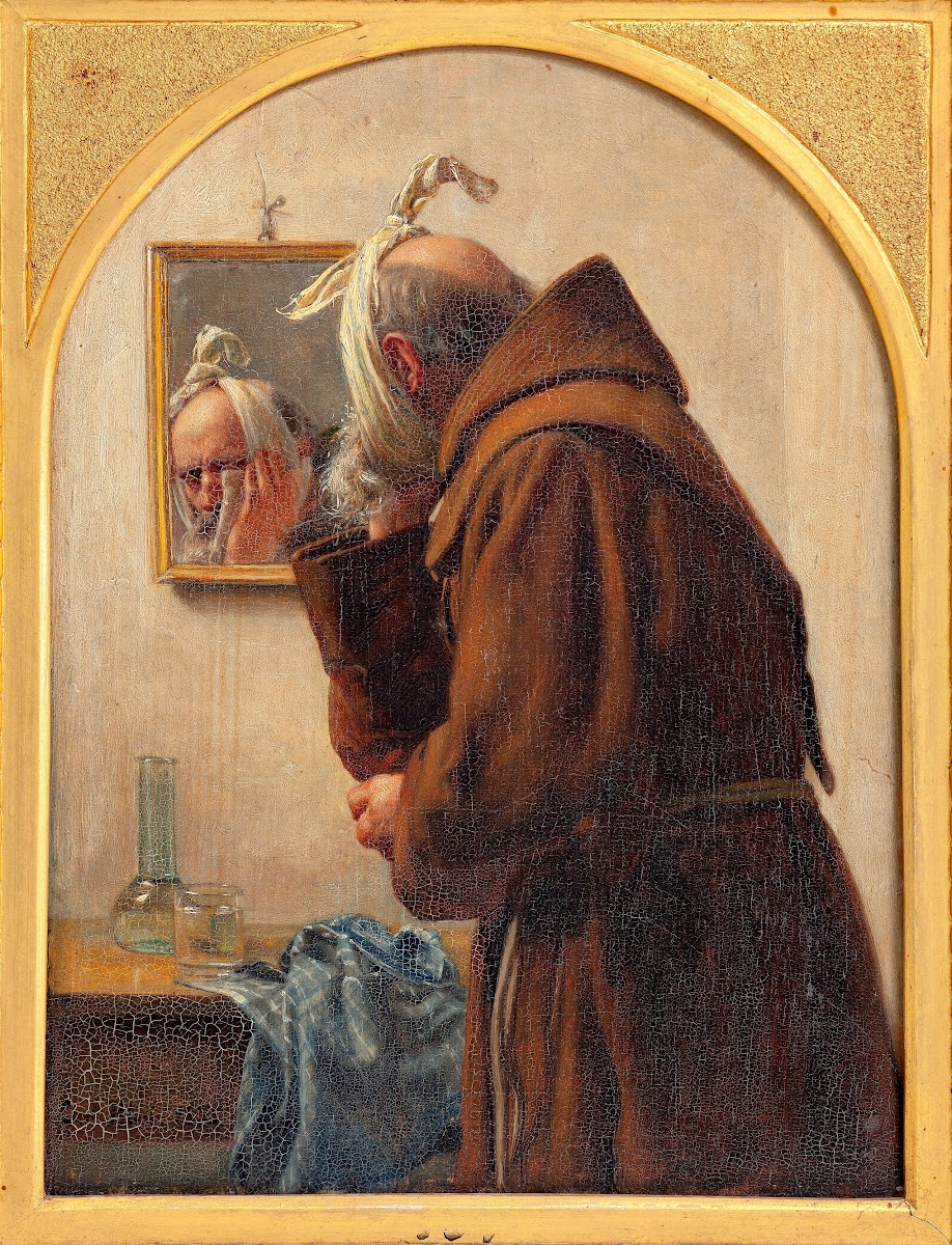 A monk examines himself in a mirror 1875