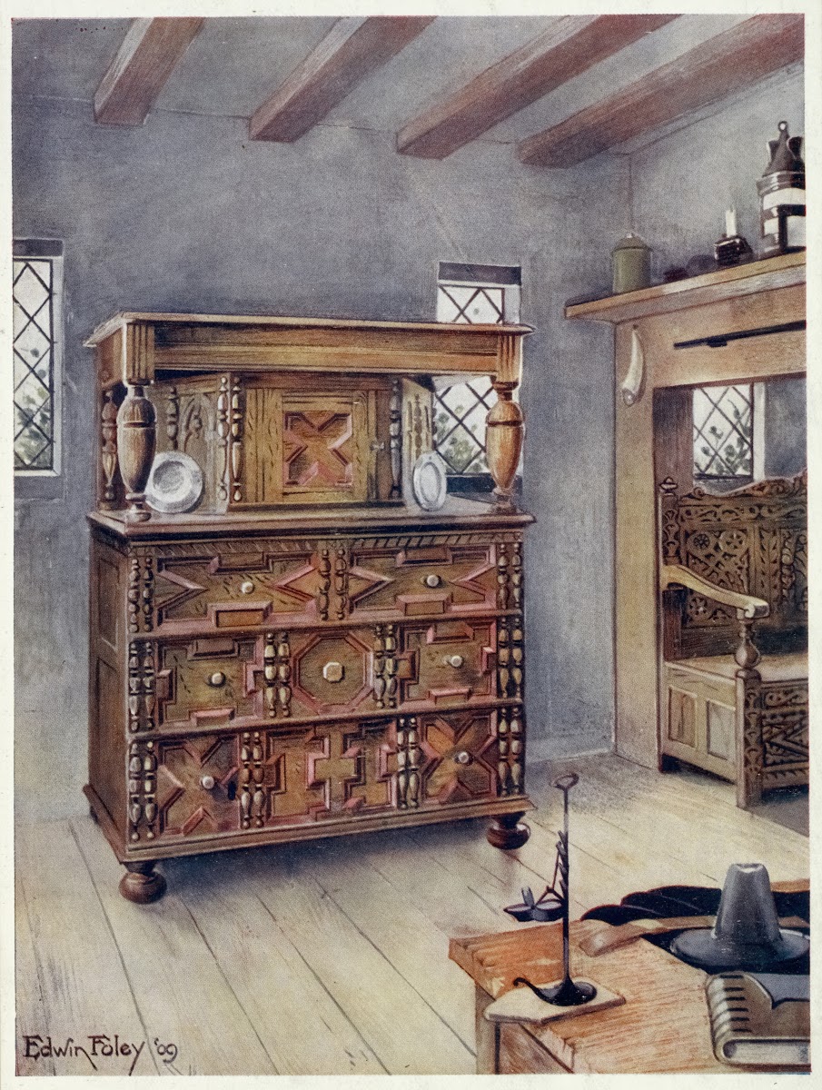 The Putnam cupboard of English oak and cedar Carved settle of American Oak 1910