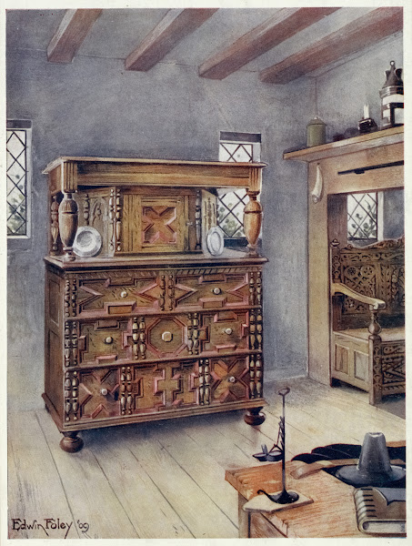 The Putnam cupboard of English oak and cedar Carved settle of American Oak 1910