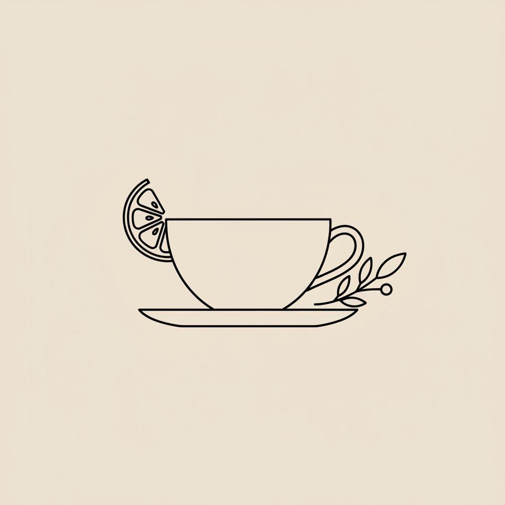 Minimalist Tonum-style line illustration of a teacup with a lemon wedge and leaf sprig on a beige background, representing best tea for weight loss.