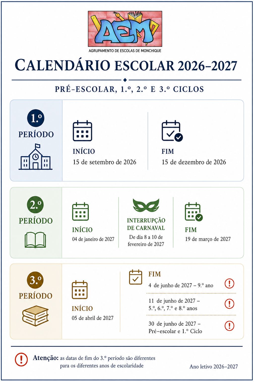 Calendário Escolar 2026-2027 - Pré-Escolar, 1.º, 2.º e 3.º Ciclos
