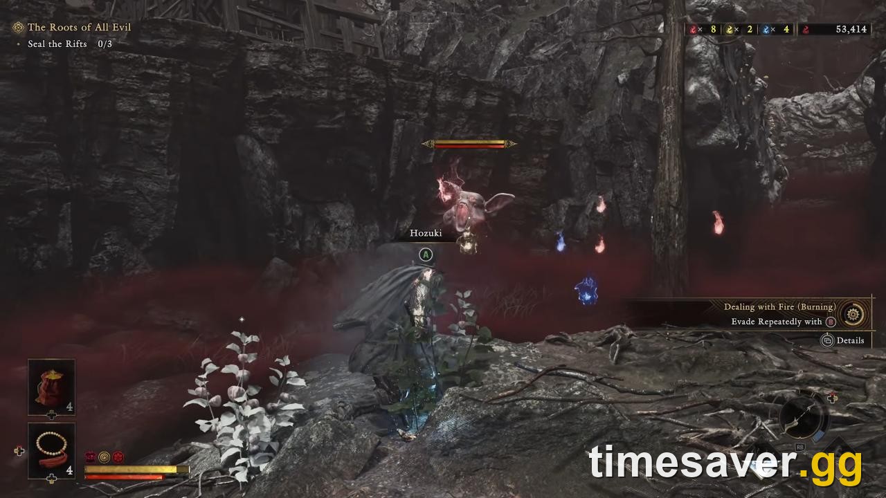 Onimusha: Way of the Sword gameplay HUD showing the Red, Blue and Yellow soul counter as souls drop from a Genma during a rift-sealing fight