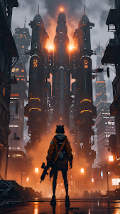 Girl with Gun Facing Towering Rockets in Cyberpunk City