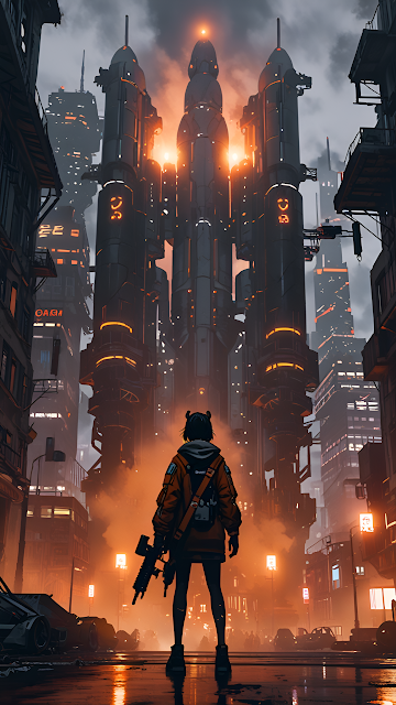 Girl with Gun Facing Towering Rockets in Cyberpunk City - Free mobile Wallpaper