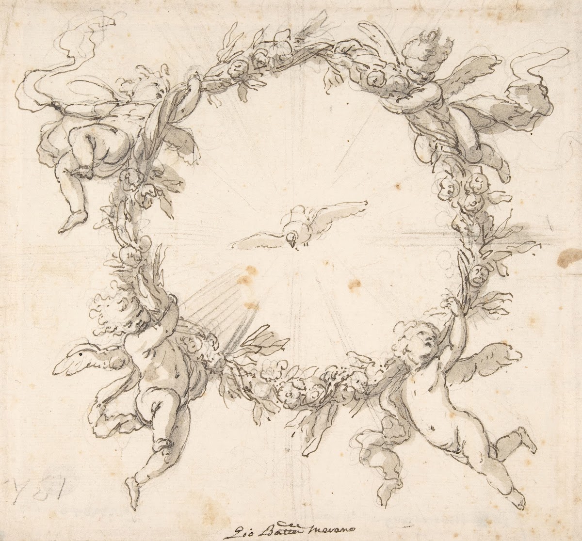 The Holy Spirit Surrounded by a Wreath of Flowers Held up by Infant Angels 16329