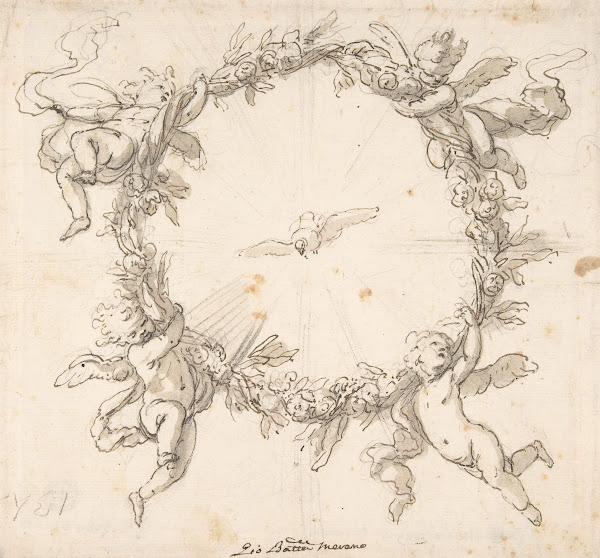 The Holy Spirit Surrounded by a Wreath of Flowers Held up by Infant Angels 16329