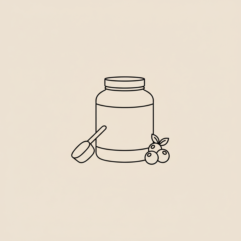 Minimalist line illustration of a scoop, protein tub outline, and small berry cluster on beige background — protein powder ingredients to avoid
