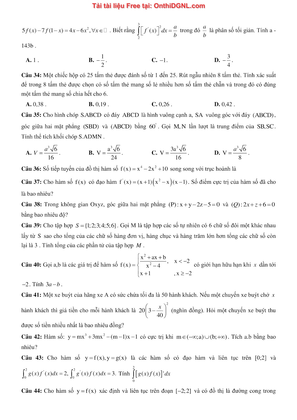 1300 bài tập môn Toán - Ôn thi ĐGNL ĐHQG Hà Nội Phần 16