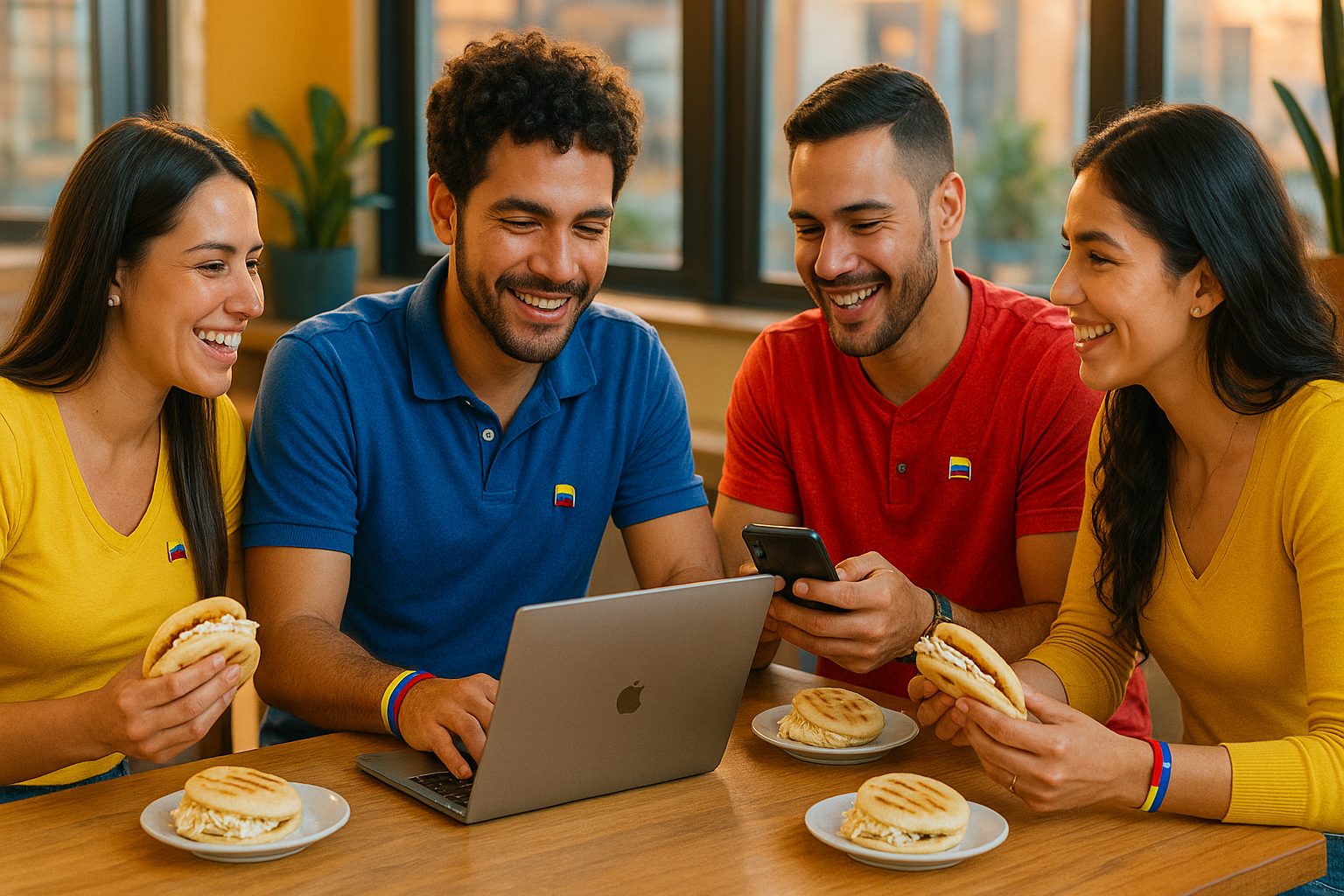 Venezolanos reunidos en un café, revisando ofertas de trabajo en sus teléfonos y laptops, sonriendo