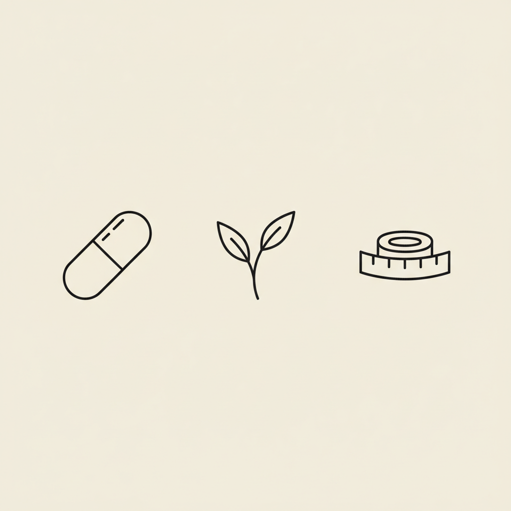 Minimalist Tonum-style line illustration of a capsule, plant fiber sprig, and waist tape on beige background — can probiotics help you lose weight?