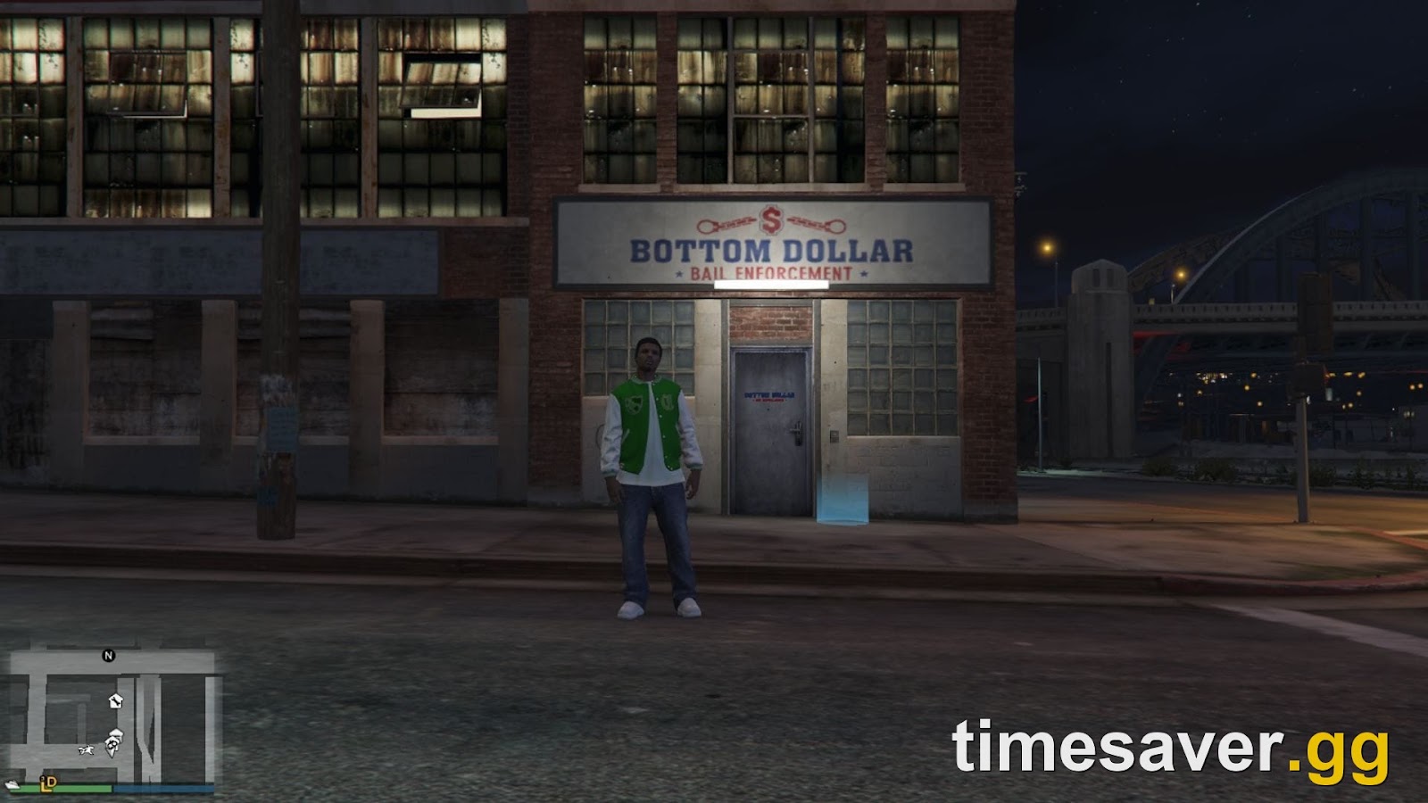 GTA Online player standing outside a Bottom Dollar Bail Enforcement office at night with the entrance marker visible