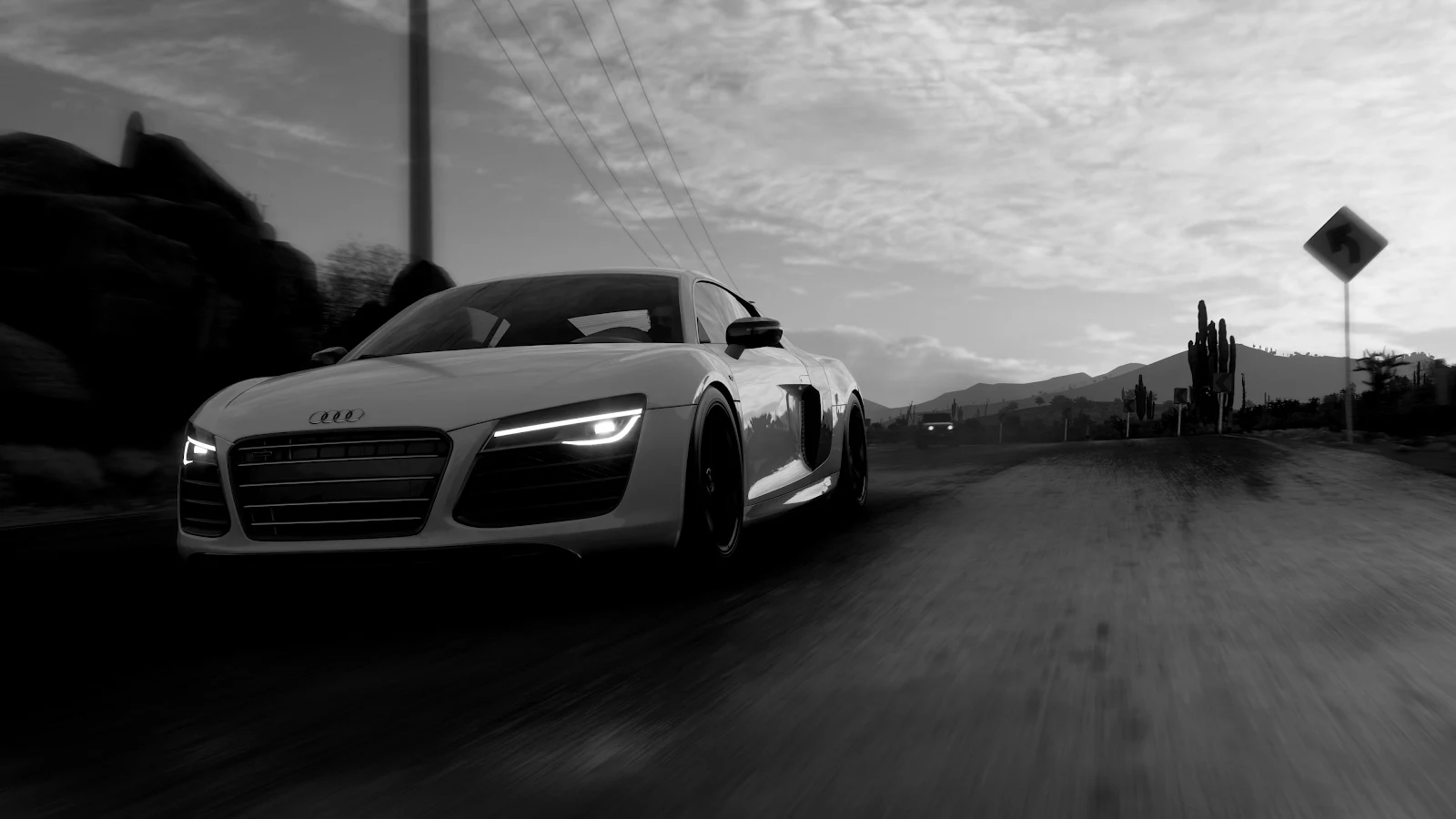 Audi R8 On Desert Road - Monochrome Automotive Photography 4K Wallpaper (3840x2160)