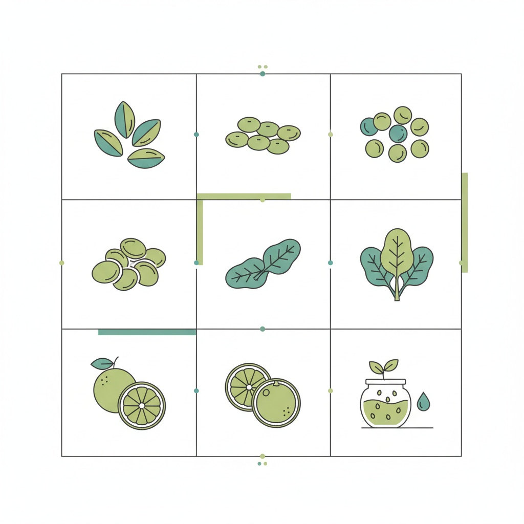 Minimalistische 2D-Vektor-Infografik zu eisenreiche pflanzen mit Symbolen für Samen, Linsen, Blattgemüse, Zitrus und Keimen auf hellem Hintergrund