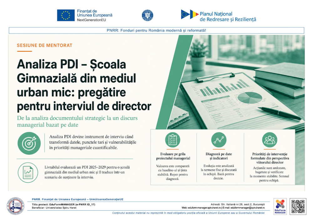 Coperta ghidului Analiza PDI – Școala Gimnazială din mediul urban mic - pregătire pentru interviul de director