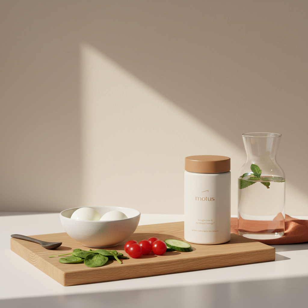 Minimalist kitchen scene with a bowl of two boiled eggs, fresh vegetables and a Tonum Motus jar illustrating eggs and metabolic syndrome and sustainable weight loss.