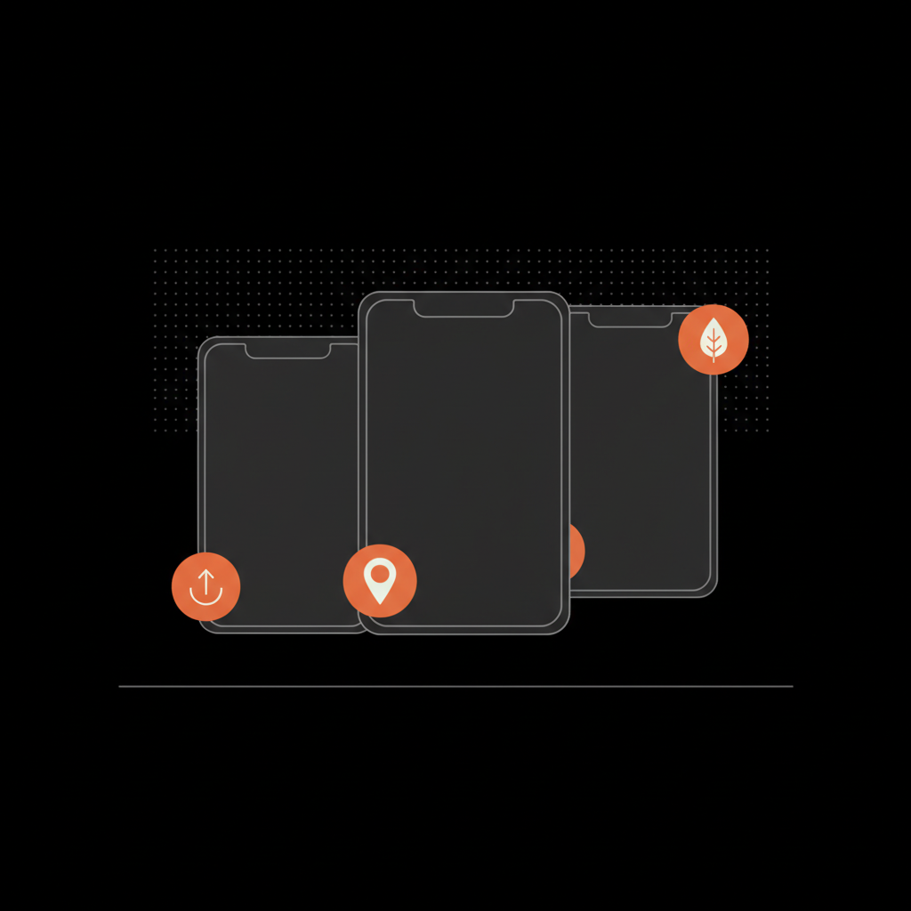 Minimal 2D vector infographic of three staggered portrait video frames with trend arrow, map pin and leaf icons on red badges on black background — concept for Instagram search trends.