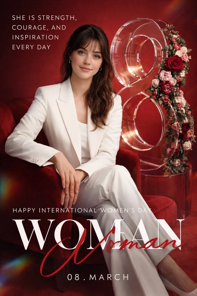 Crea un póster promocional de alta gama para el Día Internacional de la Mujer, diseñado como una campaña editorial de lujo...