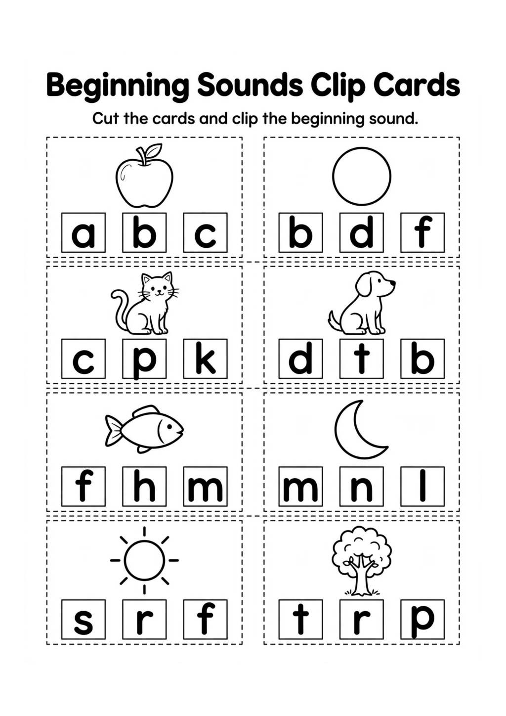 Beginning Sounds Clip Cards Worksheet