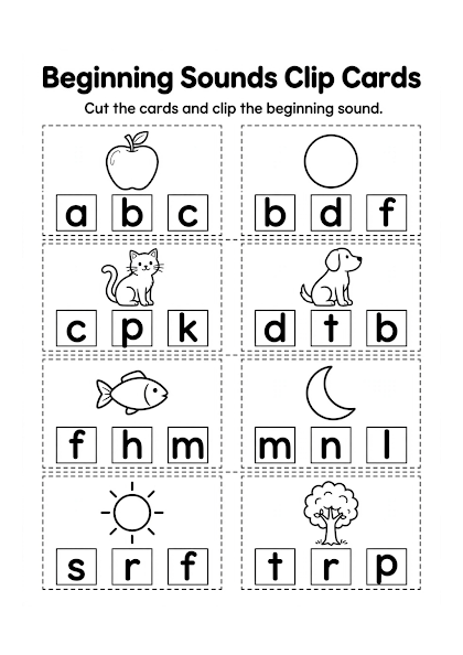 Beginning Sounds Clip Cards Worksheet