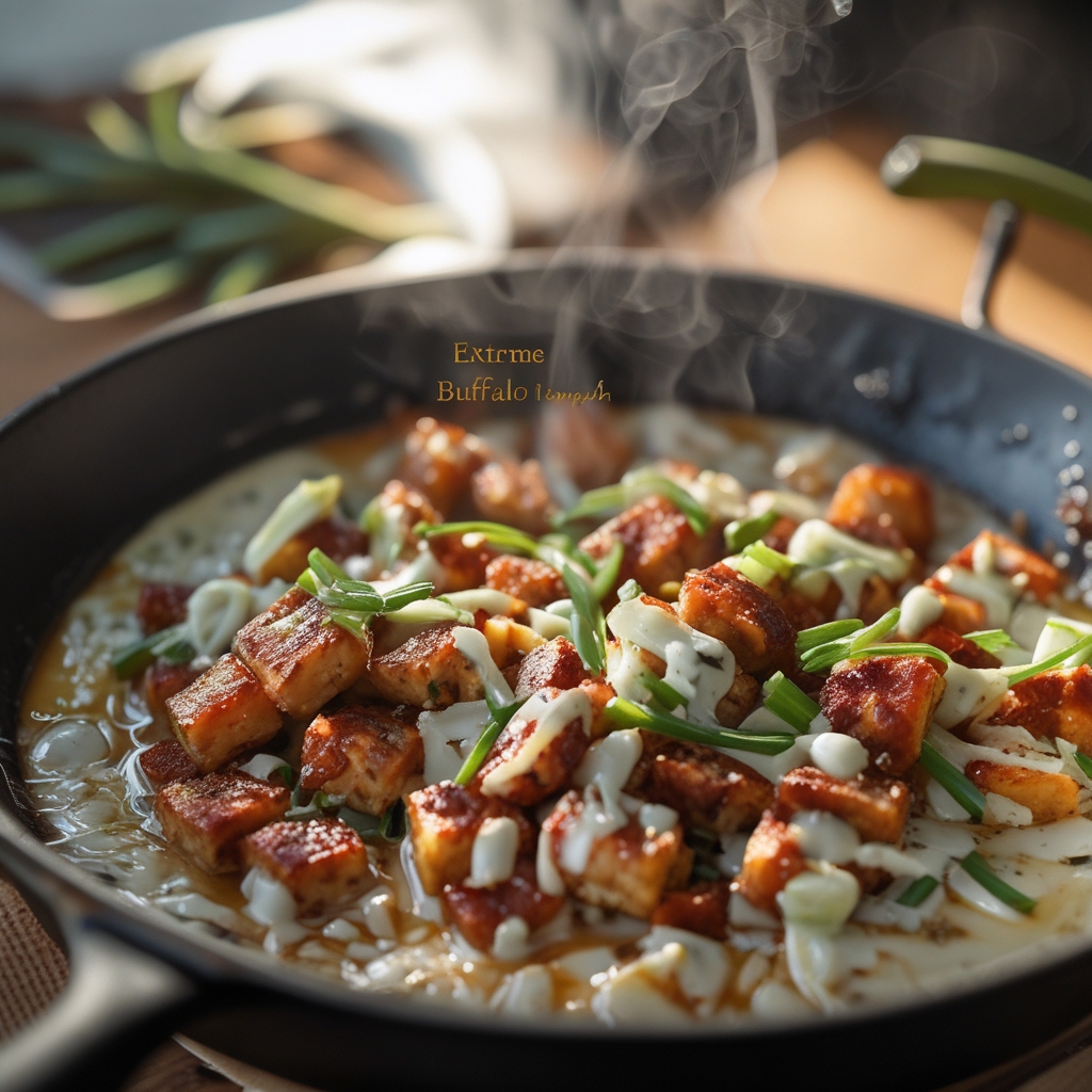 Buffalo Tempeh Skillet with Creamy Blue Cheese Drizzle