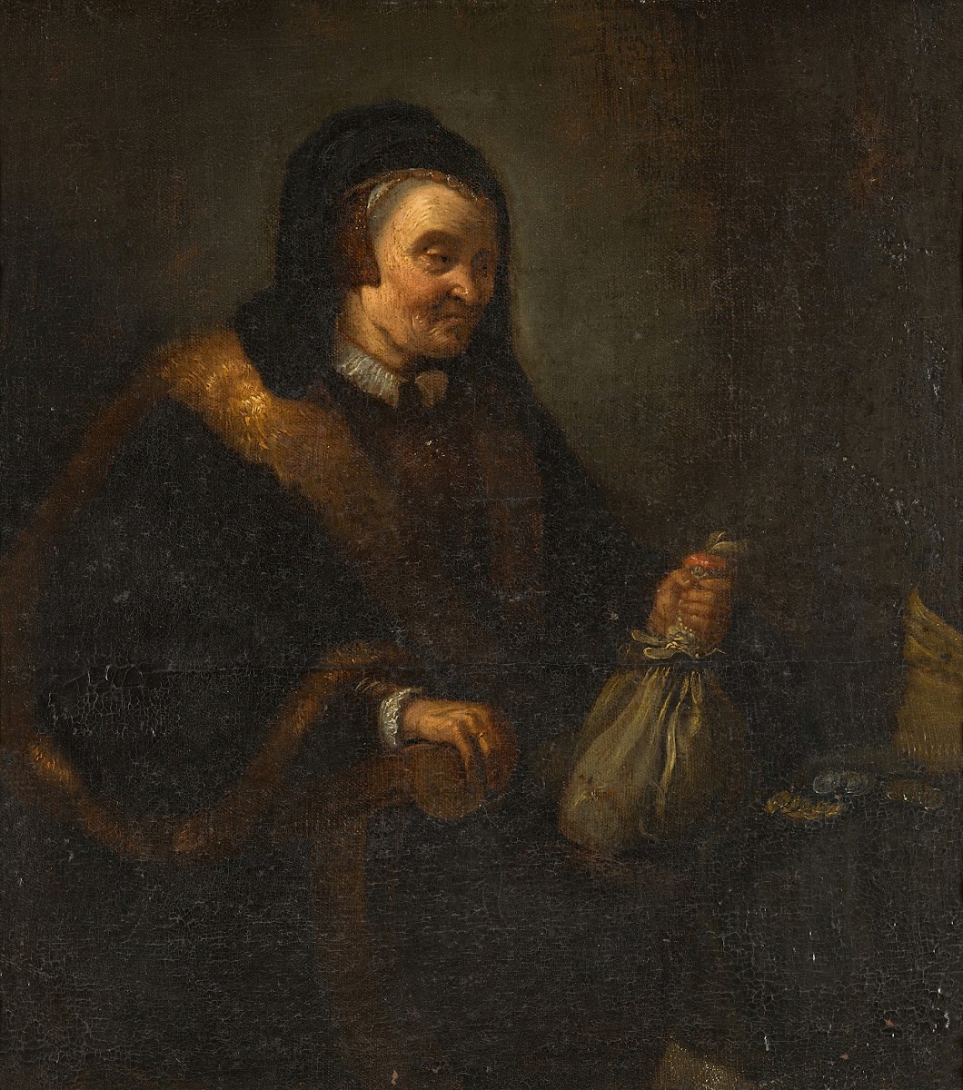 An old woman with apurse and coins at a table Allegory of Avarice