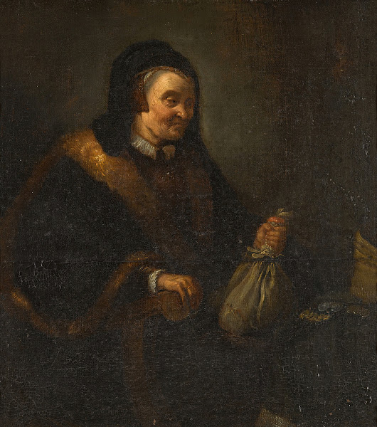 An old woman with apurse and coins at a table Allegory of Avarice