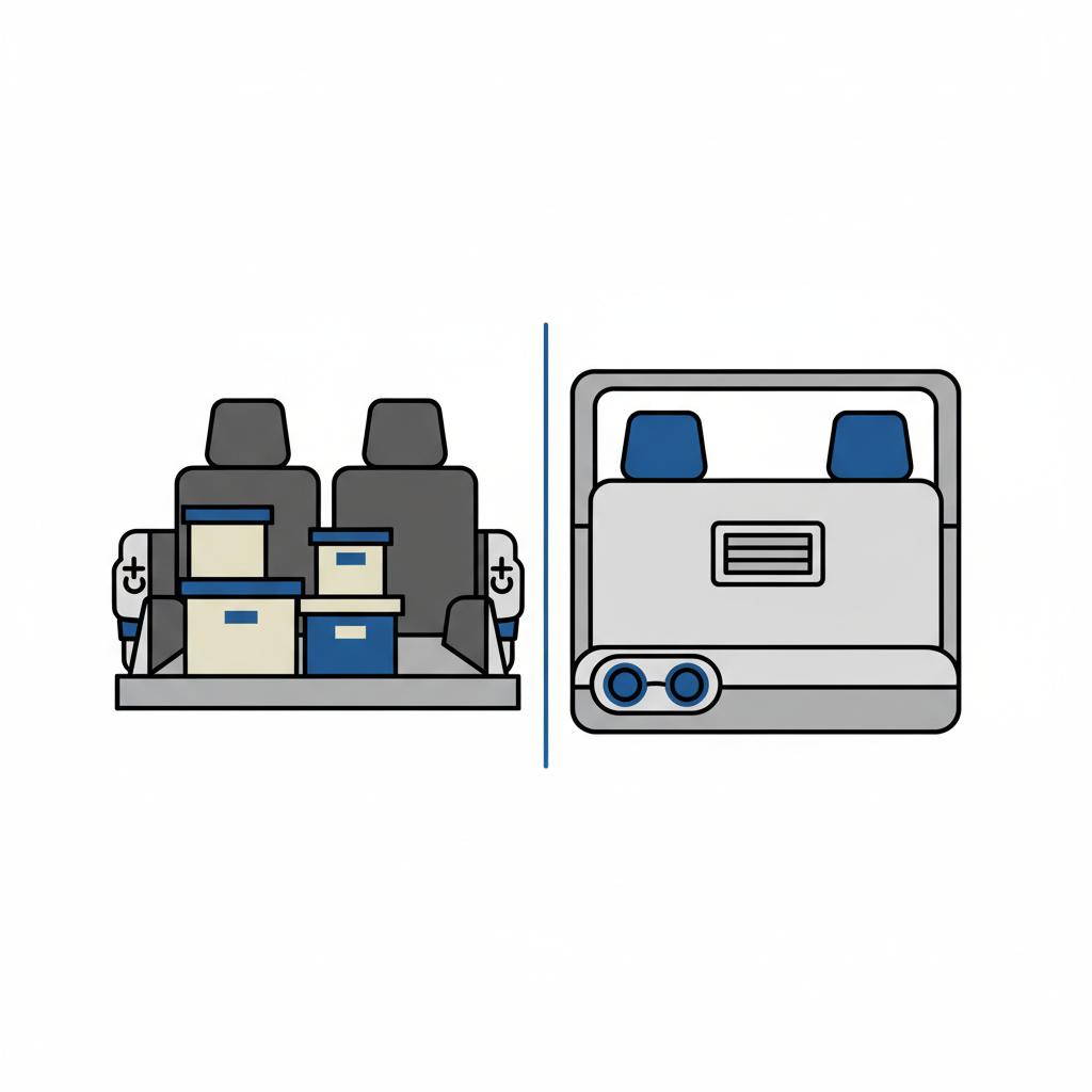 Minimalist vector split view comparing toyota hilux for sale cargo focused pickup bed left and passenger oriented 4Runner rear cabin right in white and blue palette