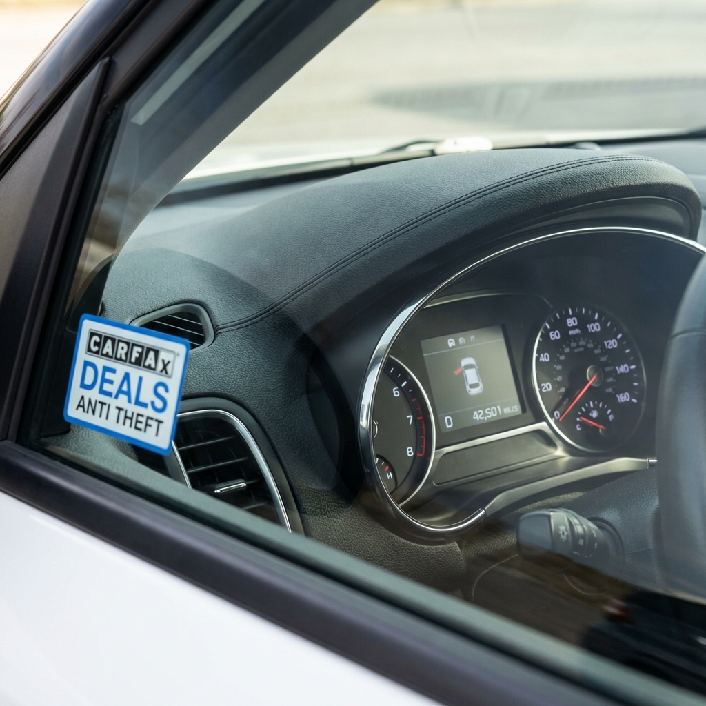 Close up of Kia Soul instrument cluster with CarFax Deals anti theft sticker on the window minimal white background kia souls for sale