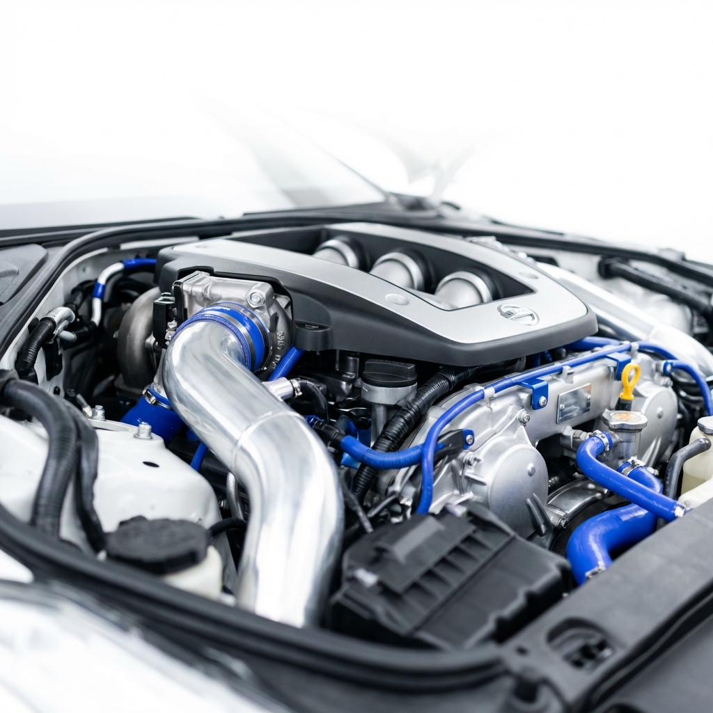 Close up of VR30 turbocharger and intake piping in engine bay showing components for infiniti q50 for sale
