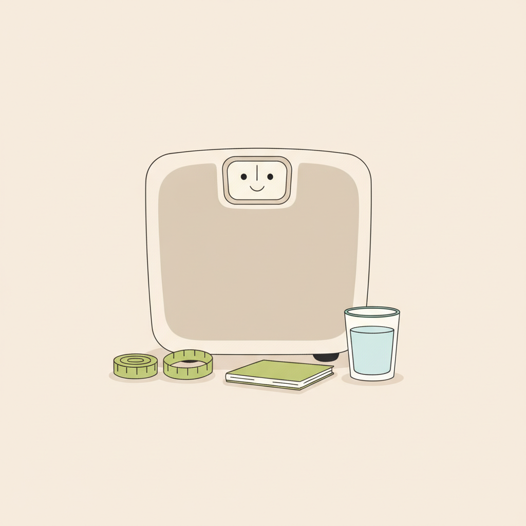 Minimalistische 2D-Vektor-Waage mit Smiley-Display, Glas Wasser, Maßband und Notizbuch auf beigem Salbei-Hintergrund – Symbolbild zur anabole diät