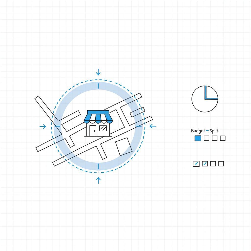 Minimal 2D vector map illustrating local targeting and facebook ads budget with a storefront icon, highlighted 10&ndash;20 mile radius circle, and arrows showing ad reach.