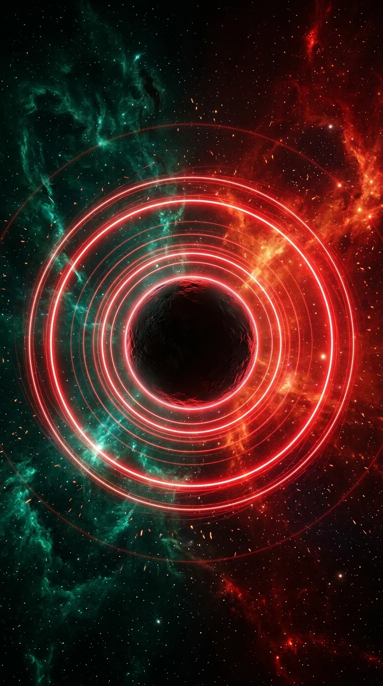 Dark Planet Silhouette Framed by Red Neon Rings and Nebula - Free 4K mobile Wallpaper