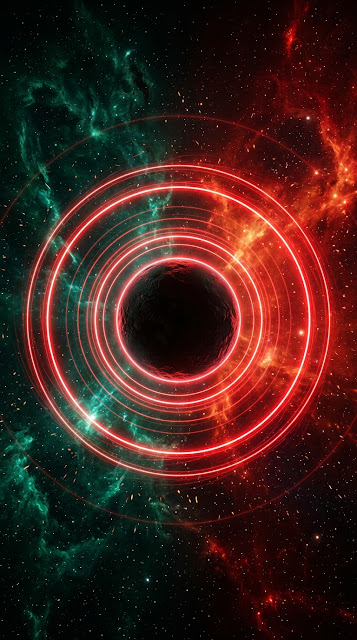 Dark Planet Silhouette Framed by Red Neon Rings and Nebula - Free mobile Wallpaper