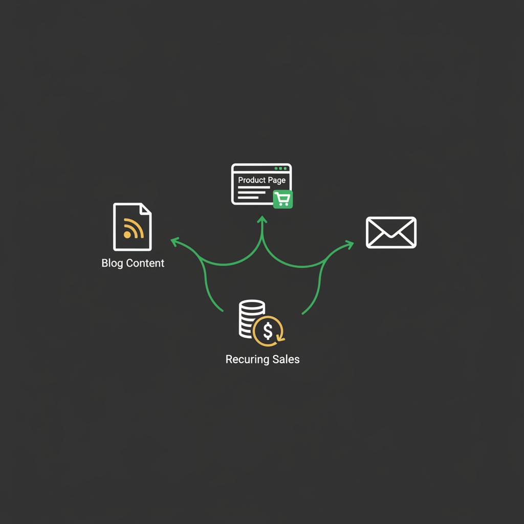 Minimalist vector flowchart with icons for blog content product page and email converging into a recurring sales symbol representing creating passive income online