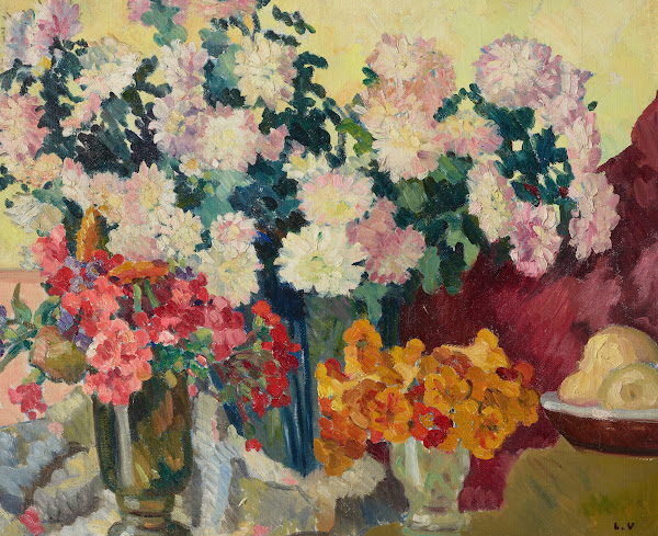 Trois vases de fleurs assiette de pommes 1935