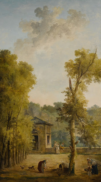 View of a walled garden courtyard with a woman feeding chickens and other figure