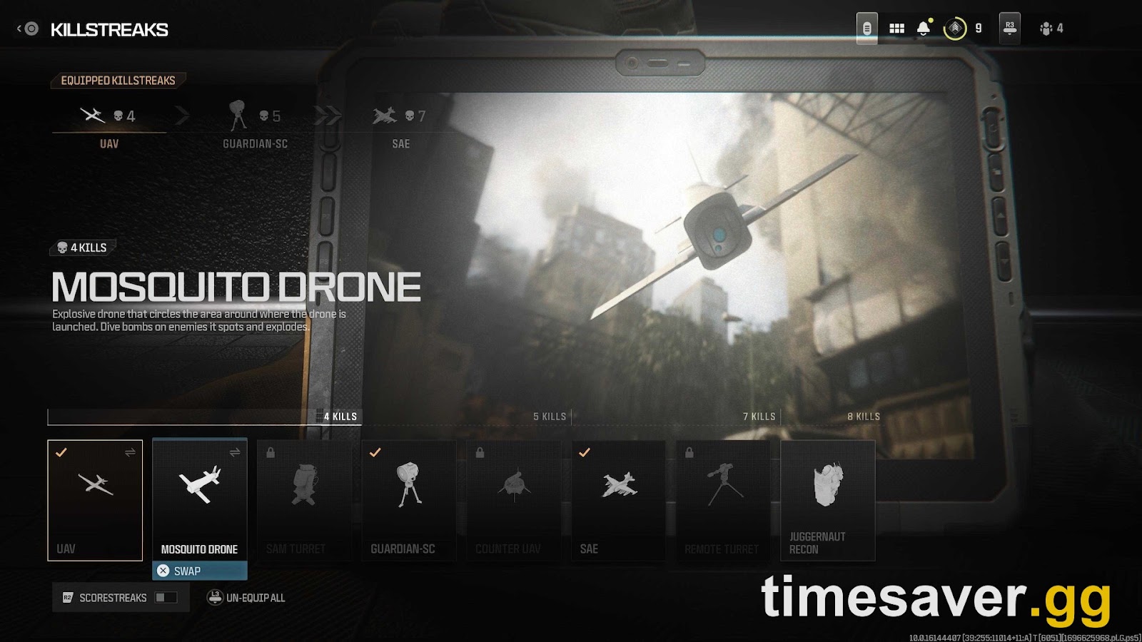 Modern Warfare 4 killstreak selection menu showing Smartstreaks rewards like the Mosquito Drone, UAV and SAE on the in-game interface
