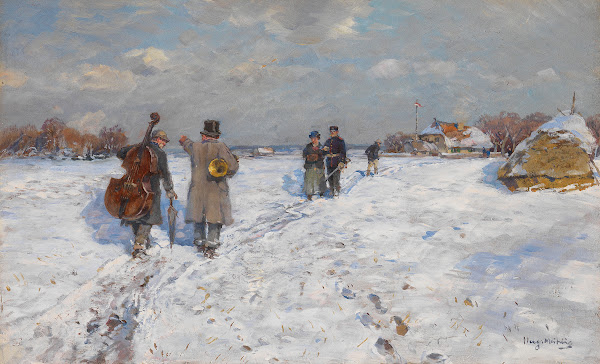 Winterlandschaft mit heimkehrenden Musikanten 1880