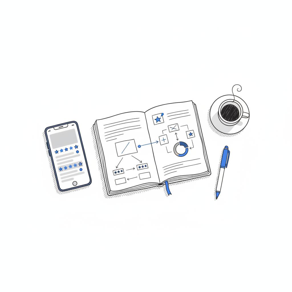 Minimal 2D vector desk scene with a blurred smartphone review list, a notebook of sketched response diagrams, pen and coffee &mdash; conceptual image for negative Google reviews