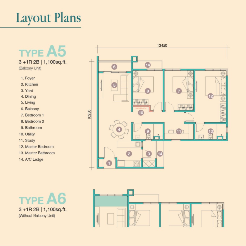 D'Tessera Type A5 floor plan — 1186 sq ft, 3 bedrooms