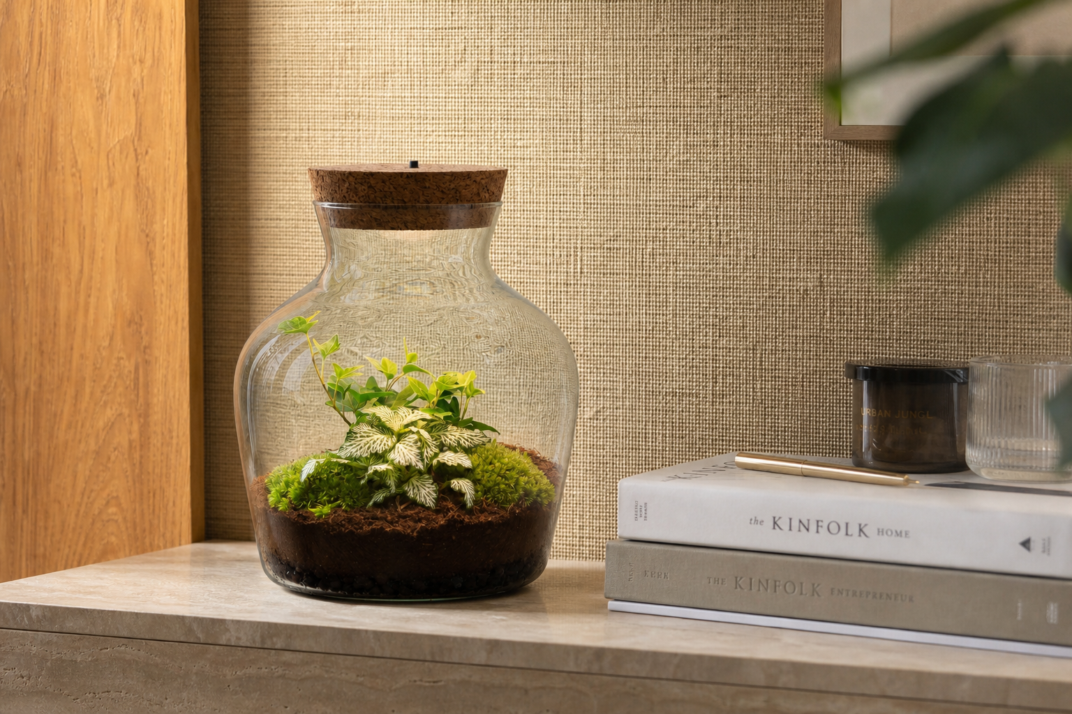 Little Joe Hedera Helix + Fittonia White Tiger - Terrarium met licht - Bottle garden DIY kit